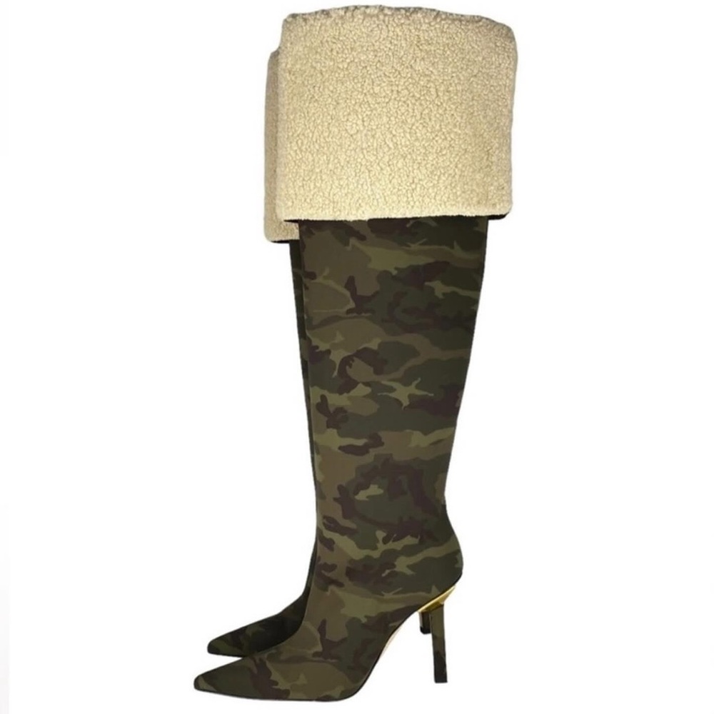 Good American Camouflage Over-the-Knee Boots with Cream Cuff